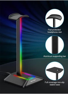 شو وو حامل سماعة رأس RGB مع منفذ شحن USB-C ومنفذ شحن USB واحد حامل سماعة رأس للألعاب مع 7 أوضاع إضاءة وقاعدة مطاطية مضادة للانزلاق مناسبة لجميع ملحقات سماعات الأذن باللون الأسود  - Image 2