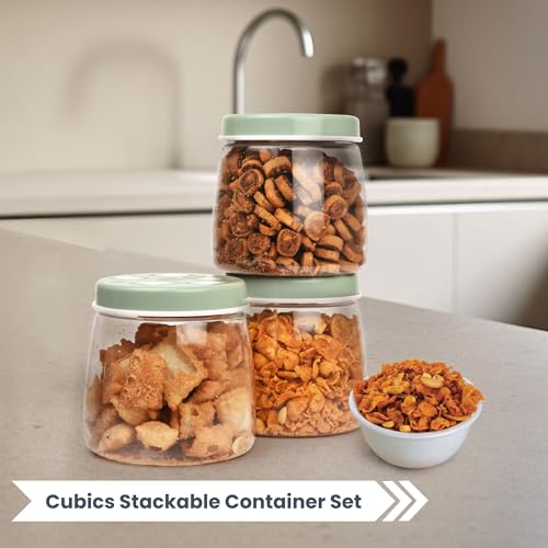 FLAIR Cubics Airtight Food Storage Containers Set of 3 (1000ml each) with Spoon - Green, BPA-Free, PET Plastic Jars, Space-Saving for Pantry, Snacks - Image 4