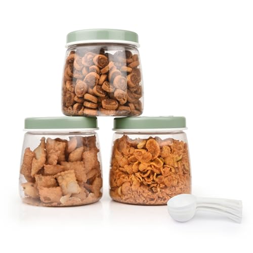 FLAIR Cubics Airtight Food Storage Containers Set of 3 (1000ml each) with Spoon - Green, BPA-Free, PET Plastic Jars, Space-Saving for Pantry, Snacks - Image 1