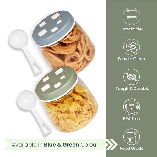 FLAIR Cubics Airtight Food Storage Containers Set of 3 (1000ml each) with Spoon - Green, BPA-Free, PET Plastic Jars, Space-Saving for Pantry, Snacks - Image 2
