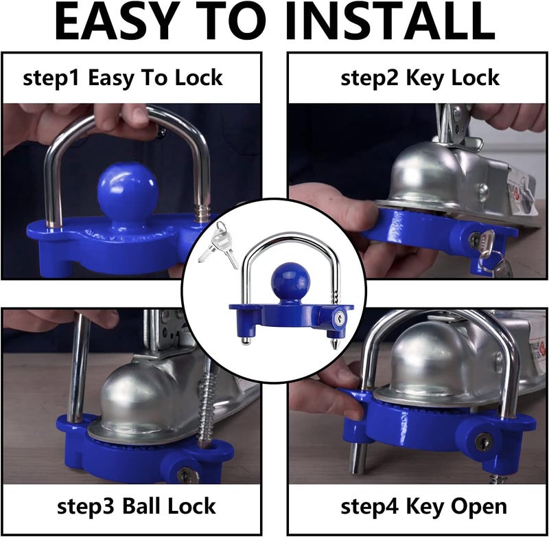 Funmit Trailer Lock Universal Coupler Ball Lock Fits 1-7/8", 2", and 2-5/16" Couplers, Boat Camper Accessories for Travel Trailers Adjustable Heavy-Duty Steel Hitch Lock Blue - Image 5