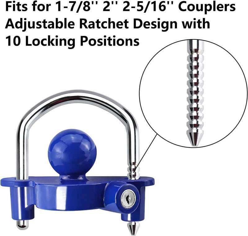 Funmit Trailer Lock Universal Coupler Ball Lock Fits 1-7/8", 2", and 2-5/16" Couplers, Boat Camper Accessories for Travel Trailers Adjustable Heavy-Duty Steel Hitch Lock Blue - Image 4