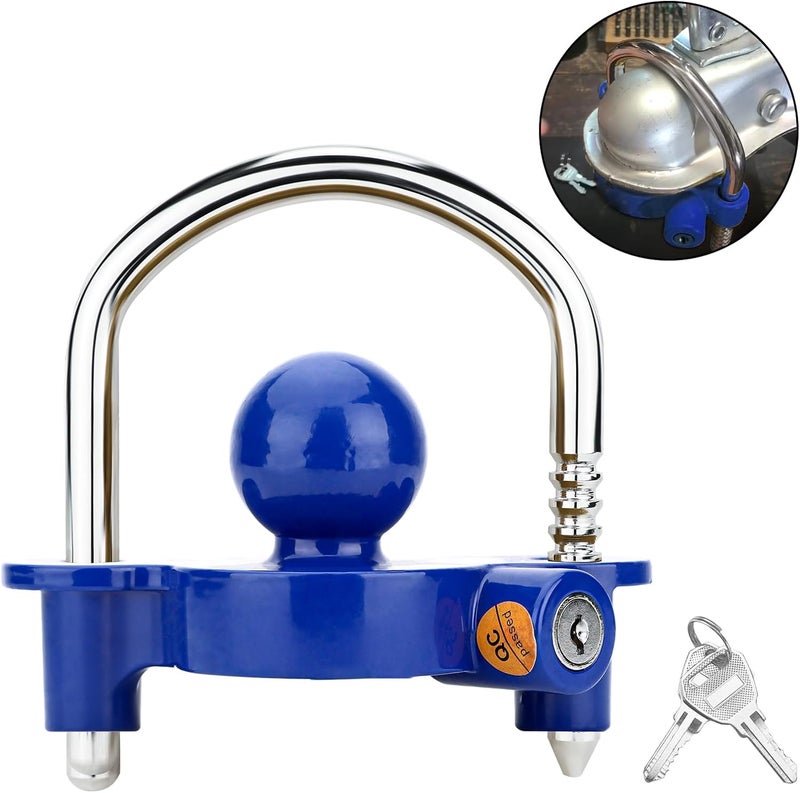 Funmit Trailer Lock Universal Coupler Ball Lock Fits 1-7/8", 2", and 2-5/16" Couplers, Boat Camper Accessories for Travel Trailers Adjustable Heavy-Duty Steel Hitch Lock Blue - Image 1
