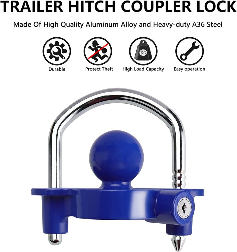 Funmit Trailer Lock Universal Coupler Ball Lock Fits 1-7/8", 2", and 2-5/16" Couplers, Boat Camper Accessories for Travel Trailers Adjustable Heavy-Duty Steel Hitch Lock Blue - Image 3
