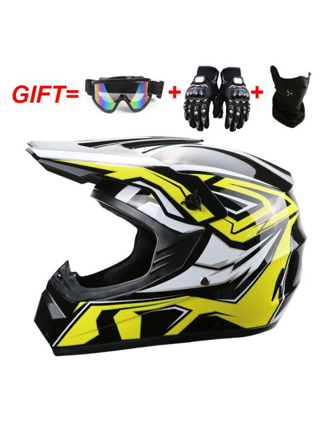 All-Season Cross-Country Motorcycle & Mountain Bike Full Face Helmet with Goggles, Gloves, and Mask - Bright Yellow Snake