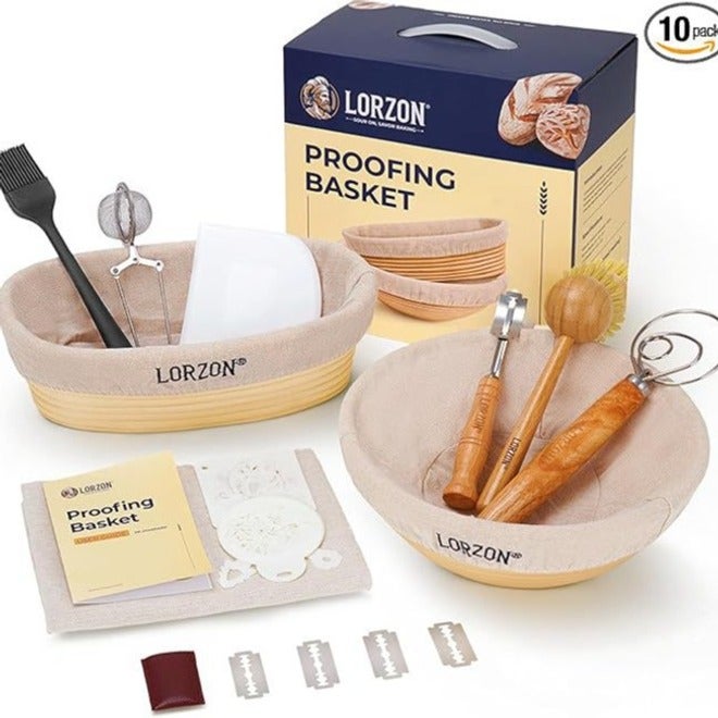 Rattan Banneton Proofing Basket Set with Scraper, Dough Whisk, Bread Lame, Brush - Bread Making Tool Kit