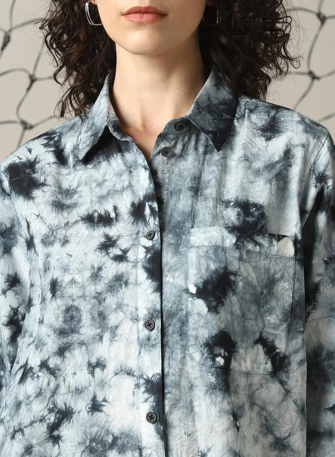 Hubberholme Women Relaxed Spread Collar Abstract Printed Cotton Oversized Casual Shirt