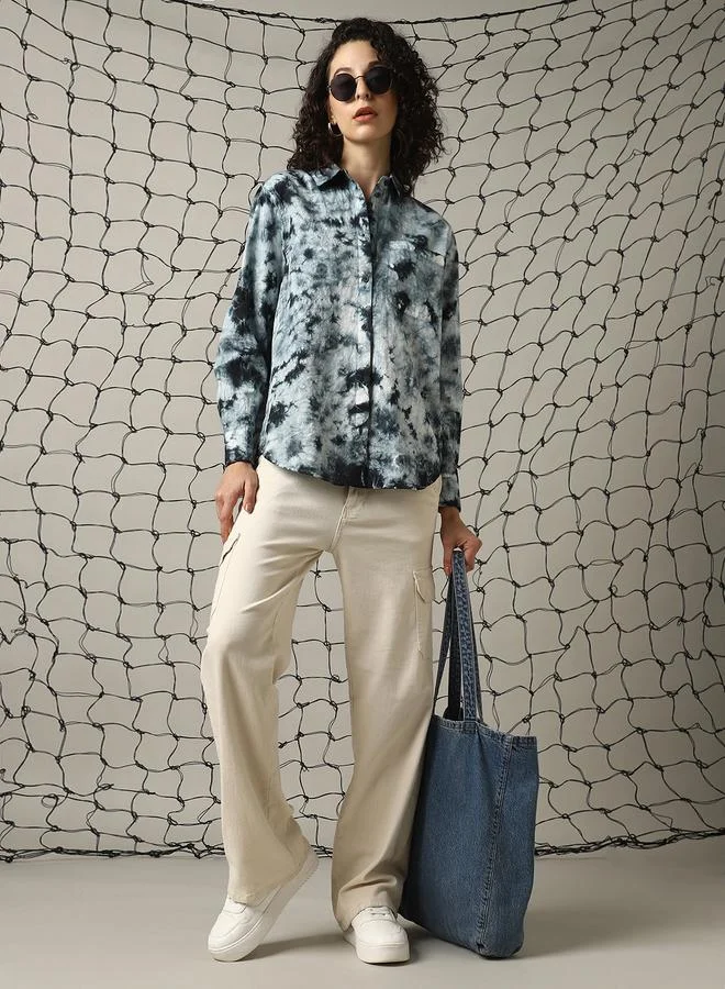 هوبرهولمي قميص نسائي قطني واسع بطبعة تجريدية وياقة ممتدة