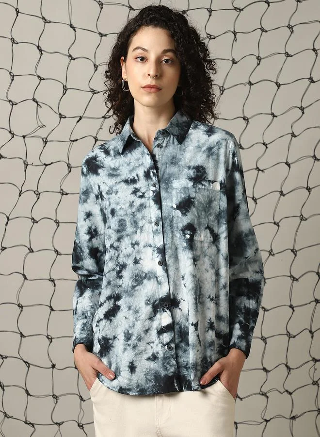 Hubberholme Women Relaxed Spread Collar Abstract Printed Cotton Oversized Casual Shirt