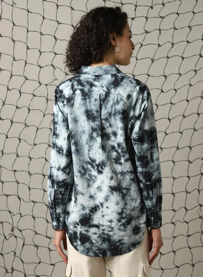 Hubberholme Women Relaxed Spread Collar Abstract Printed Cotton Oversized Casual Shirt