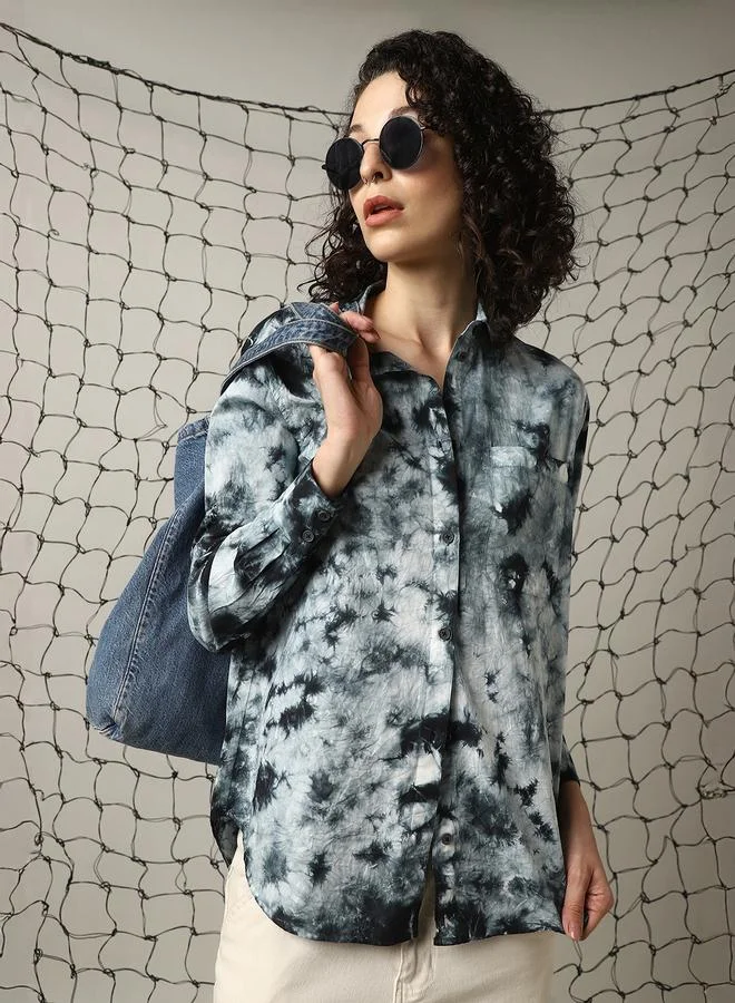 Hubberholme Women Relaxed Spread Collar Abstract Printed Cotton Oversized Casual Shirt