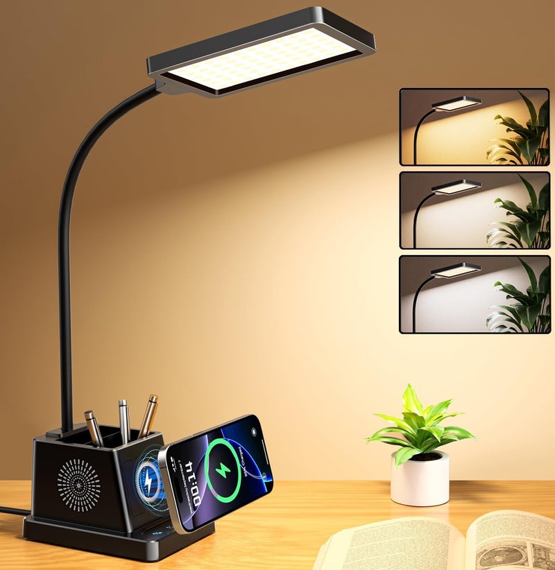 cozoo LED Desk Lamp for Home Office, 15W Bright Desk Light with Wireless Charger Pen Holder, Gooseneck Small Table Lamp for Bedroom, Study, Reading, Work, Task, Craft, College Dorm Room Accessories - Image 1