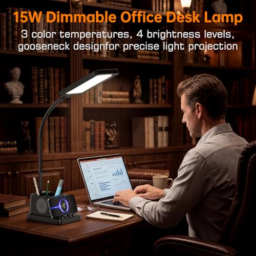 cozoo LED Desk Lamp for Home Office, 15W Bright Desk Light with Wireless Charger Pen Holder, Gooseneck Small Table Lamp for Bedroom, Study, Reading, Work, Task, Craft, College Dorm Room Accessories - Image 3