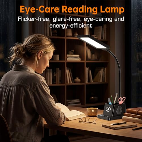 cozoo LED Desk Lamp for Home Office, 15W Bright Desk Light with Wireless Charger Pen Holder, Gooseneck Small Table Lamp for Bedroom, Study, Reading, Work, Task, Craft, College Dorm Room Accessories - Image 4