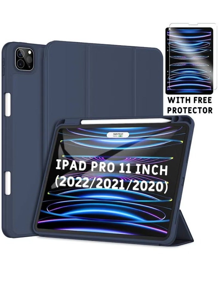 Dreamzon Case For iPad Pro 11 Inch (2022/2021/2020 Model) With Tempered Glass Screen Protector, Slim Tablet Cover With Soft TPU Back, Auto Wake/Sleep (Blue) - Image 1