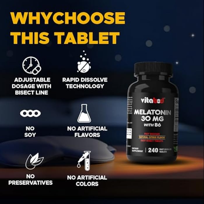 Vitabod Melatonin 30 mg with Vitamin B6 – 240 Fast Dissolve Tablets High-Potency Sleep Support – Drug-Free, Natural Citrus Flavor – Vegetarian, Non-GMO, Gluten-Free - Image 4