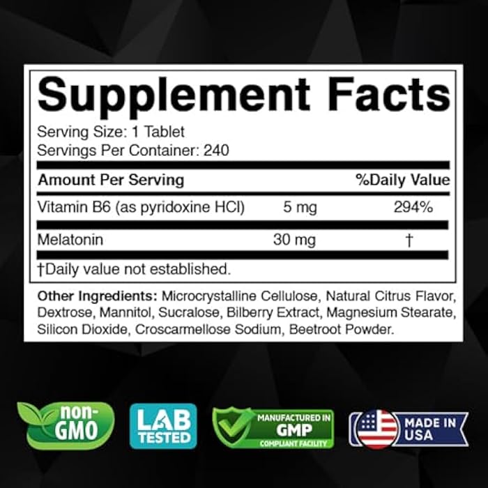 Vitabod Melatonin 30 mg with Vitamin B6 – 240 Fast Dissolve Tablets High-Potency Sleep Support – Drug-Free, Natural Citrus Flavor – Vegetarian, Non-GMO, Gluten-Free - Image 2