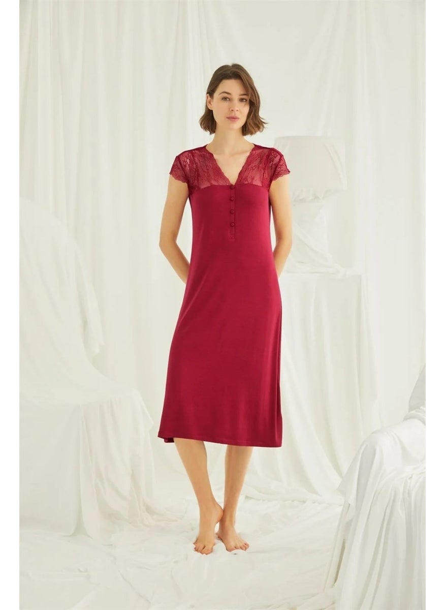 Monamise Women's Red Lace Buttoned Collar Nightgown 18481  - Image 2