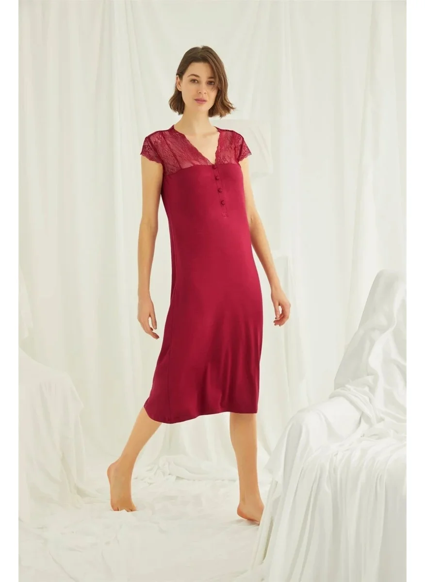 موناميسي Women's Red Lace Buttoned Collar Nightgown 18481