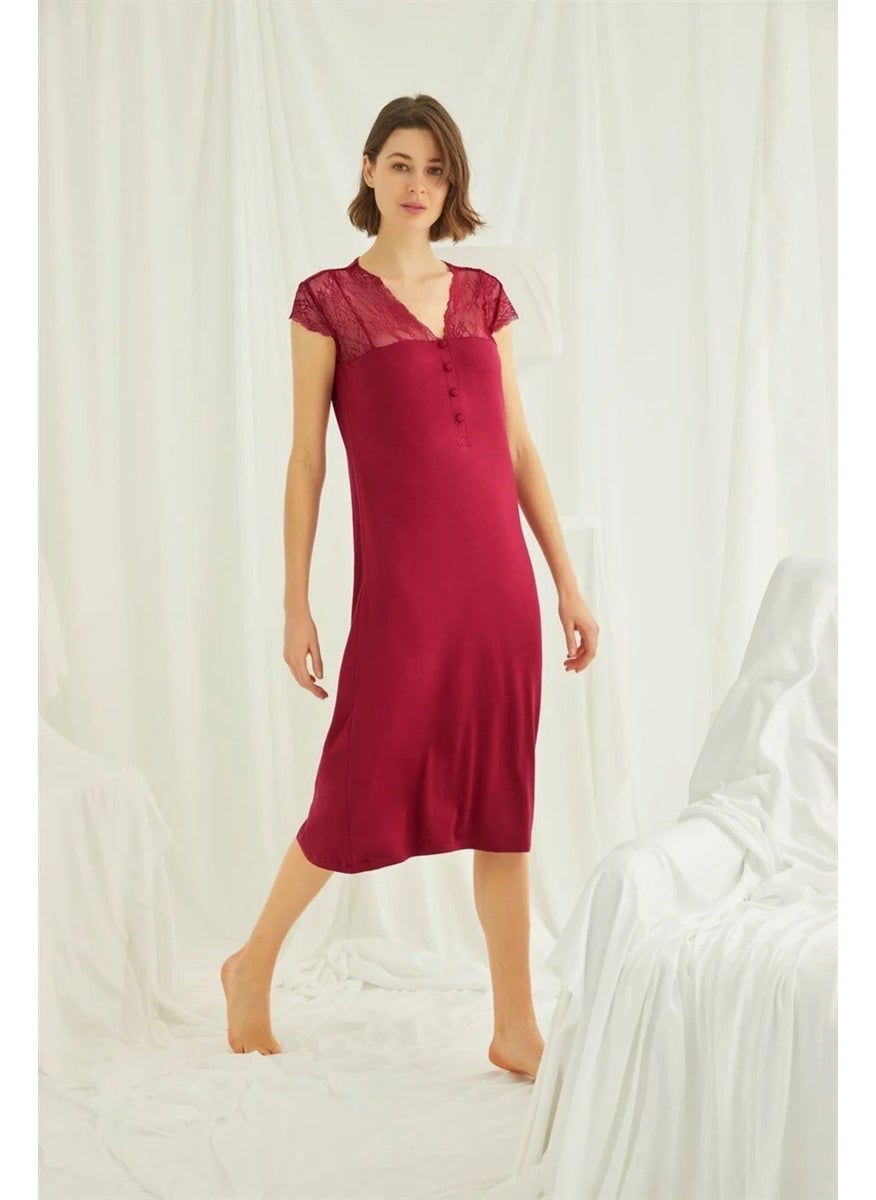 Monamise Women's Red Lace Buttoned Collar Nightgown 18481  - Image 3