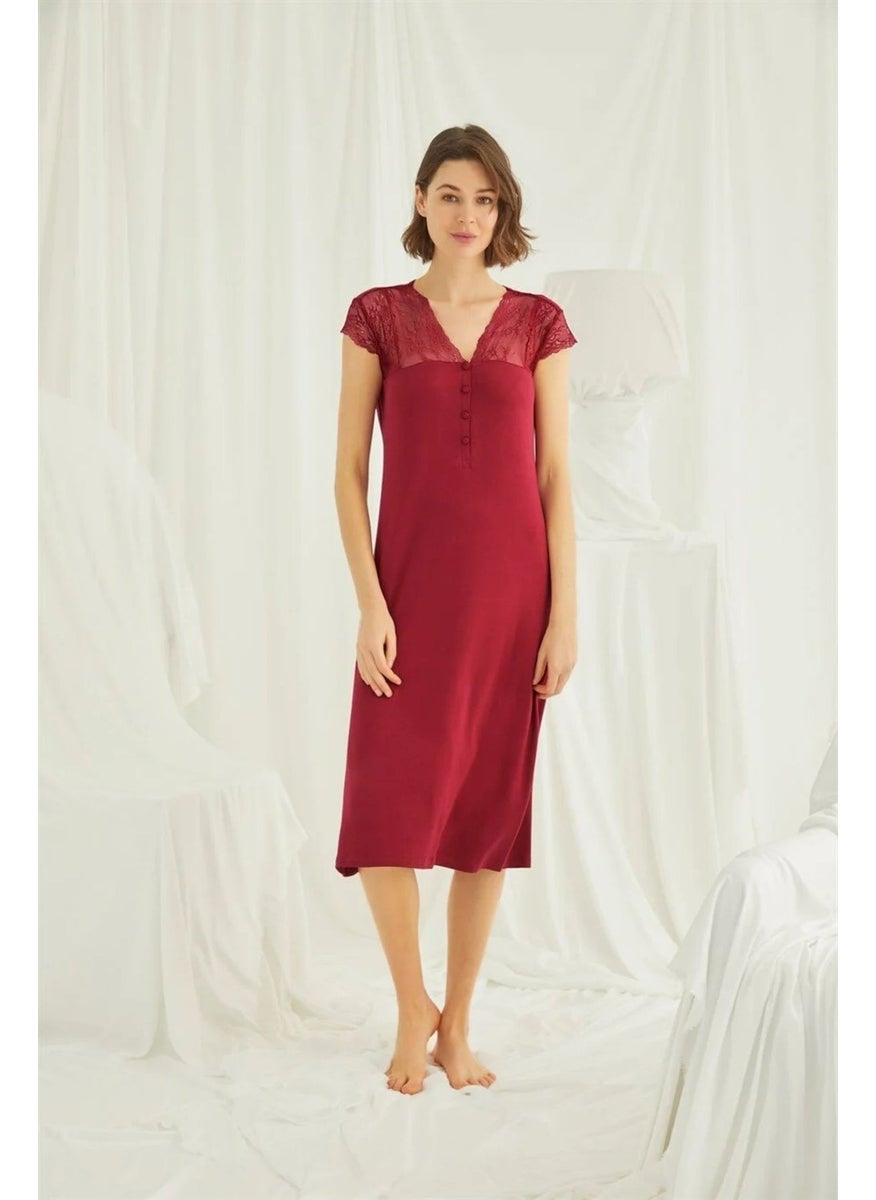 Monamise Women's Red Lace Buttoned Collar Nightgown 18481  - Image 1