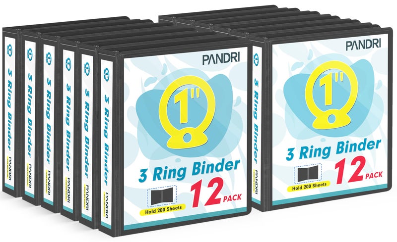 PANDRI 3 Ring Binder 1 Inch, PANDRI 12 Pack 1-Inch Binder Fits Letter Size 8.5'' x 11'' Paper, Versatile Binders for Office Home School, 2 Pockets, Black - Image 1