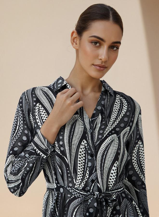 سبلاش فيڤ فستان بحزام بطول الركبة مطبوع - Image 4