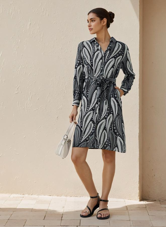 سبلاش فيڤ فستان بحزام بطول الركبة مطبوع - Image 2