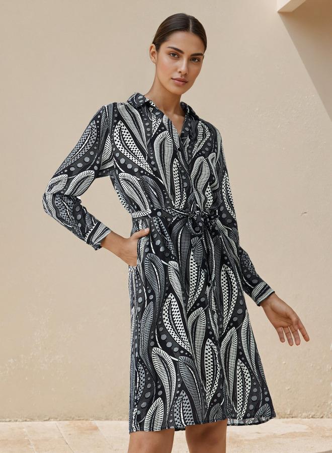 سبلاش فيڤ فستان بحزام بطول الركبة مطبوع - Image 1