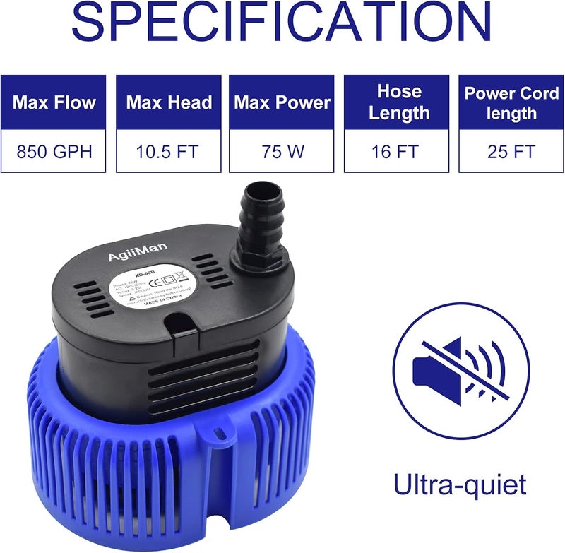 AgiiMan Pool Cover Pump Above Ground - Submersible Swimming Sump Inground Pump, Water Removal with 16' Drainage Hose and 25 Feet Power Cord, 850 GPH, 3 Adapters - Image 3