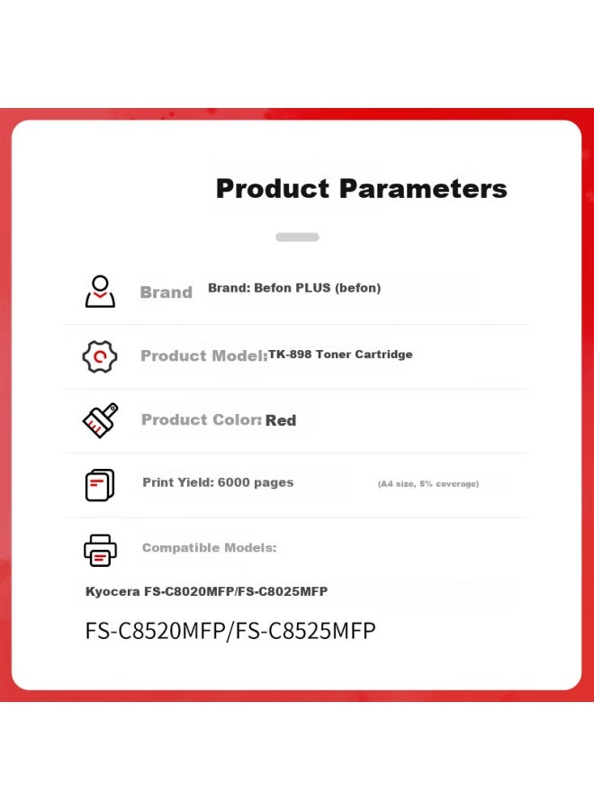 Deyin Plus Tk-898 Toner Cartridge Compatible With Kyocera 8020 Fs-c8025 C8520 Fs-c8525mfp Tk-898 High Capacity Red Toner Cartridge - 6000 Pages - Image 4