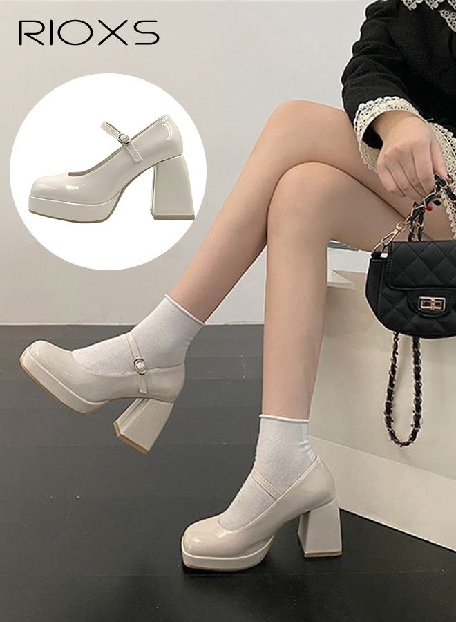 ريوكس أحذية نسائية بكعب عال، أحذية بكعب سميك ومقدمة مربعة على طراز ريترو، أحذية ماري جينز بكعب عريض للسيدات، أحذية رسمية عصرية بأشرطة للسيدات، أحذية بكعب 8 سم مناسبة لحفلات الزفاف/الحفلات/العمل/الارتداء اليومي، أحذية نسائية أنيقة بكعب عال، أحذية نسائية بيضاء بكعب عال - Image 1
