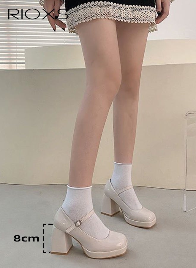 ريوكس أحذية نسائية بكعب عال، أحذية بكعب سميك ومقدمة مربعة على طراز ريترو، أحذية ماري جينز بكعب عريض للسيدات، أحذية رسمية عصرية بأشرطة للسيدات، أحذية بكعب 8 سم مناسبة لحفلات الزفاف/الحفلات/العمل/الارتداء اليومي، أحذية نسائية أنيقة بكعب عال، أحذية نسائية بيضاء بكعب عال - Image 5