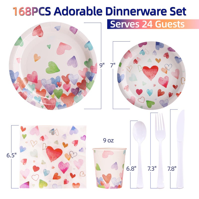 Gudvilla Birthday Plates and Napkins-168PCS Heart Plates Disposable Dinnerware Sets Birthday Party Supplies Serve 24,Birthday Day Decorations for Party Birthday Wedding-Valentines Day Plates - Image 2