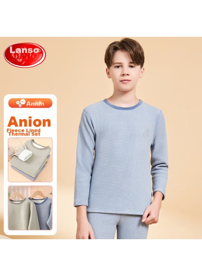LANG SHA Langsha Children's Thermal Underwear Set, Boys' Autumn And Winter Yang Ion Fleece-lined Undershirt And Pants, For Older Children And Babies, Pajama Set, Gray With Fine Stripes, Size 120 (recommended Height 110-120cm)  - Image 1