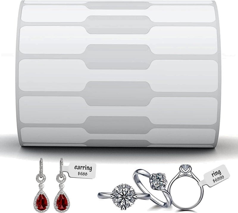 BAR-CODING TECH ®, 1200 Pcs, Jewelry Price Tags, Matte Finish, Dumbbell Self Adhesive White Blank Jewelry Stickers for Bracelet, Ring, Necklace, Earring, Clothing Display (1 Roll, 1200 Labels/Roll) - Image 1