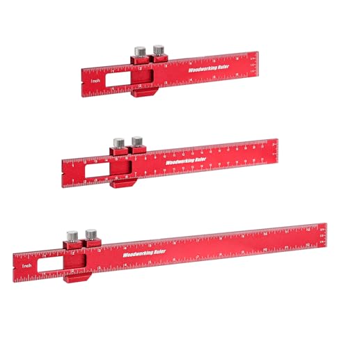 Draxzor 3PCS Woodworking Ruler Set, Precision Pocket Ruler with Adjustable Slide Stop, Aluminum Alloy Measuring Tool for Marking & Scribing, Metal T-Track Square Rulers, Inch and Metric (6", 8", 12") - Image 1