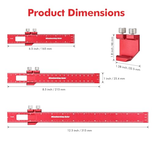 Draxzor 3PCS Woodworking Ruler Set, Precision Pocket Ruler with Adjustable Slide Stop, Aluminum Alloy Measuring Tool for Marking & Scribing, Metal T-Track Square Rulers, Inch and Metric (6", 8", 12") - Image 2