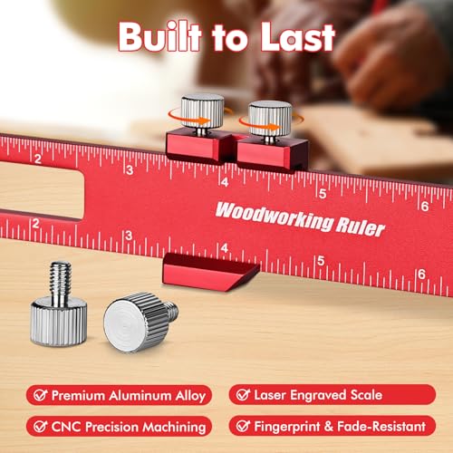 Draxzor 3PCS Woodworking Ruler Set, Precision Pocket Ruler with Adjustable Slide Stop, Aluminum Alloy Measuring Tool for Marking & Scribing, Metal T-Track Square Rulers, Inch and Metric (6", 8", 12") - Image 3