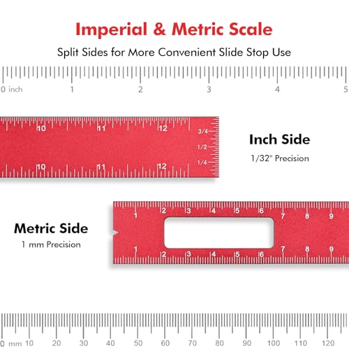 Draxzor 3PCS Woodworking Ruler Set, Precision Pocket Ruler with Adjustable Slide Stop, Aluminum Alloy Measuring Tool for Marking & Scribing, Metal T-Track Square Rulers, Inch and Metric (6", 8", 12") - Image 4