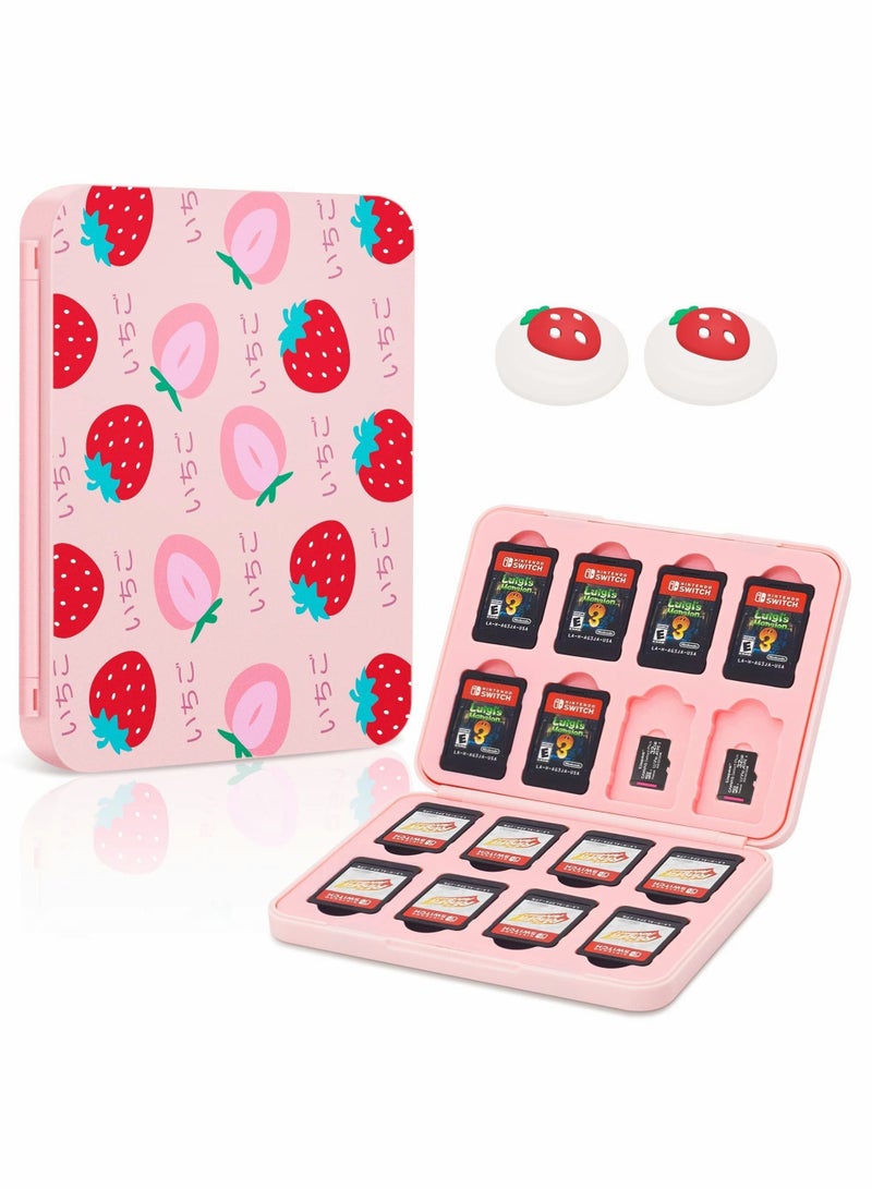 Y&D Game Card Case for Nintendo Switch SD Cards, Portable Cartridge, Cute Strawberry Pattern Storage Box with 2 Pieces Thumb Grip Caps  - Image 1