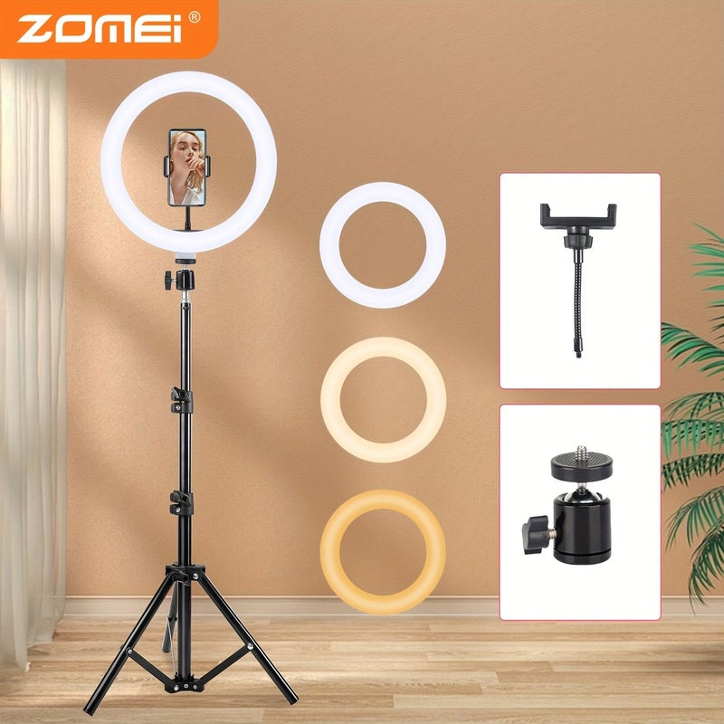 ZOMEI 12 Inch LED Selfie Ring Light Black Adjustable Tri Color Tripod Phone Holder - Image 1