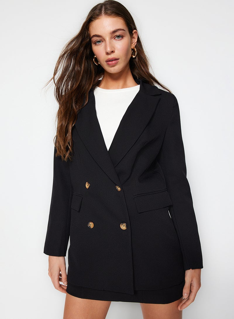trendyol Black Oversize Lined Buttoned Woven Blazer Jacket - Image 3