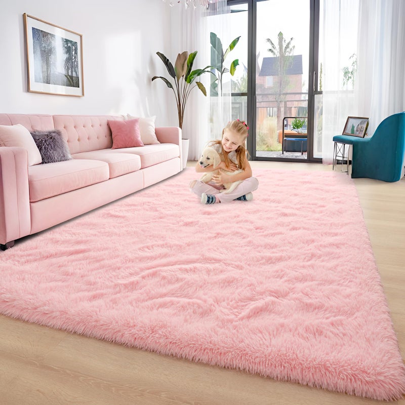 Foxmas Large Area Rugs for Living Room Bedroom 5x8 Feet Fluffy Kids Room Plush Shaggy Nursery Rug Furry Throw Carpets for Boys Girls College Dorm Fuzzy Rugs Home Decorate Rug Pink