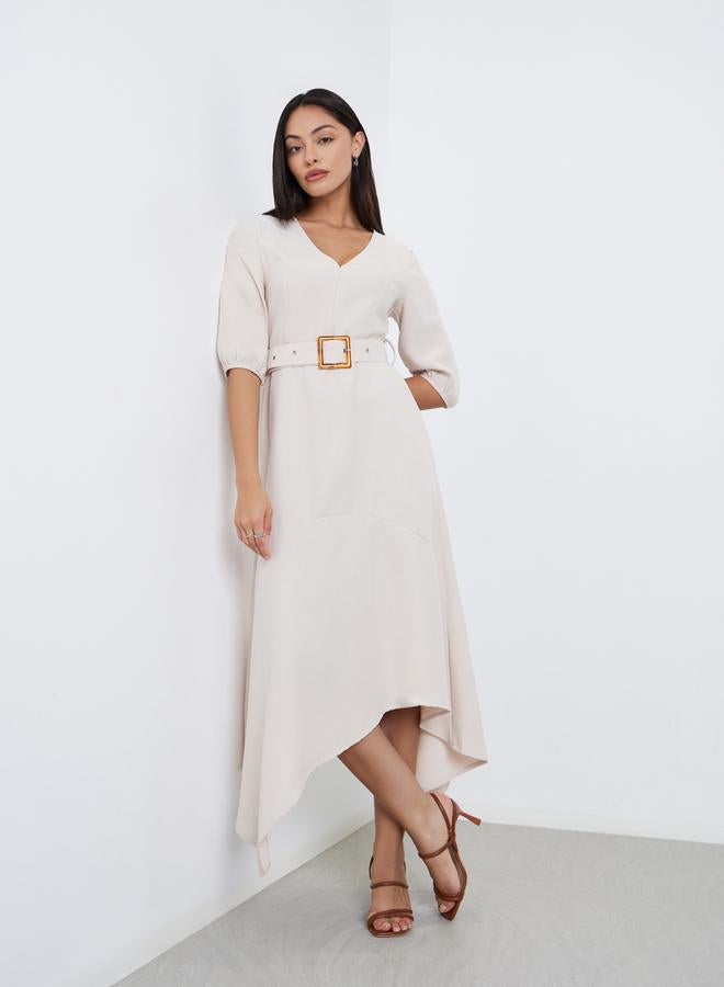 Styli Beige Asymmetric Hem Midi Dress with Belt - Image 1