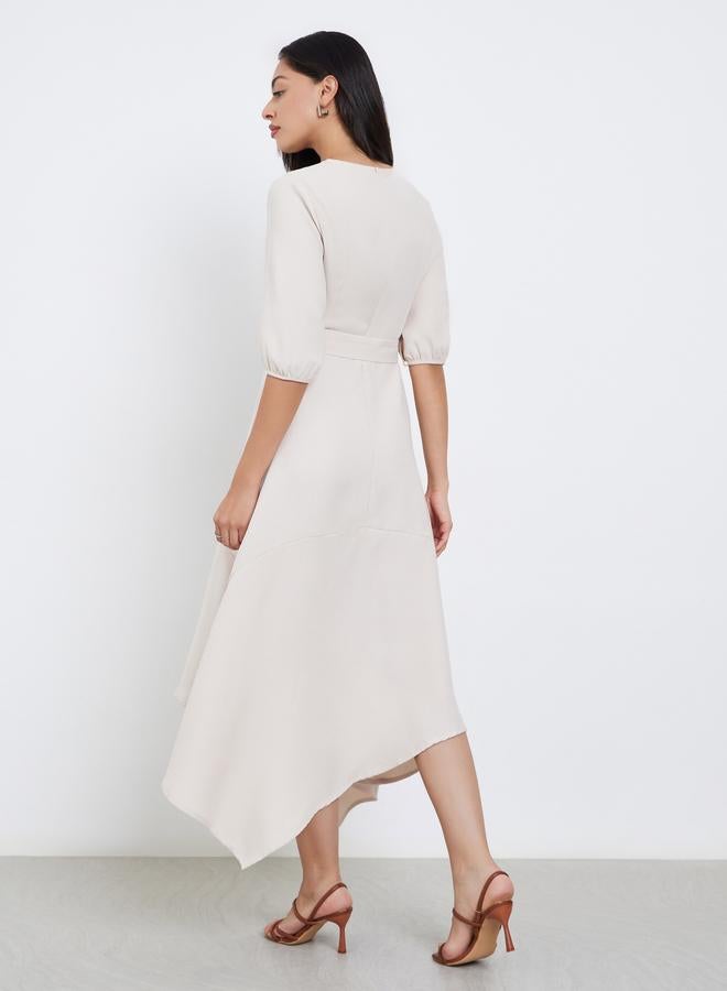 Styli Beige Asymmetric Hem Midi Dress with Belt - Image 4