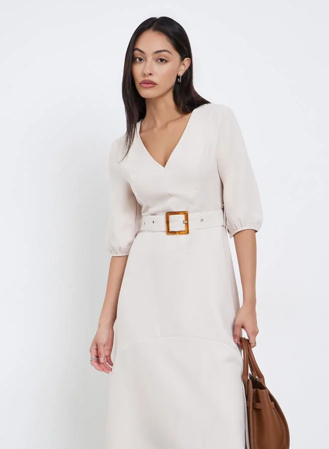 Styli Styli Beige Asymmetric Hem Midi Dress with Belt
