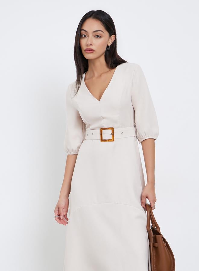 Styli Beige Asymmetric Hem Midi Dress with Belt - Image 2
