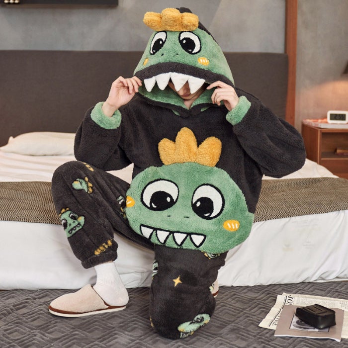 بيجامة فleece كورال للرجال شتاء مع غطاء رأس فleece زائد كرتوني ديناصور لطيف بحجم كبير للمراهقين ملابس منزلية - Image 1