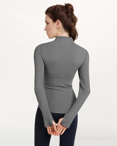 Locachy Women's Slim Fit Full Zip Athletic Running Sports Workout Jacket with Thumb Holes 01 Grey M - Image 2